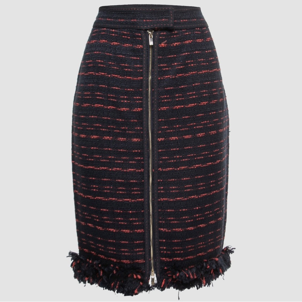 Carolina Herrera Navy and Red Tweed Pleated Skirt